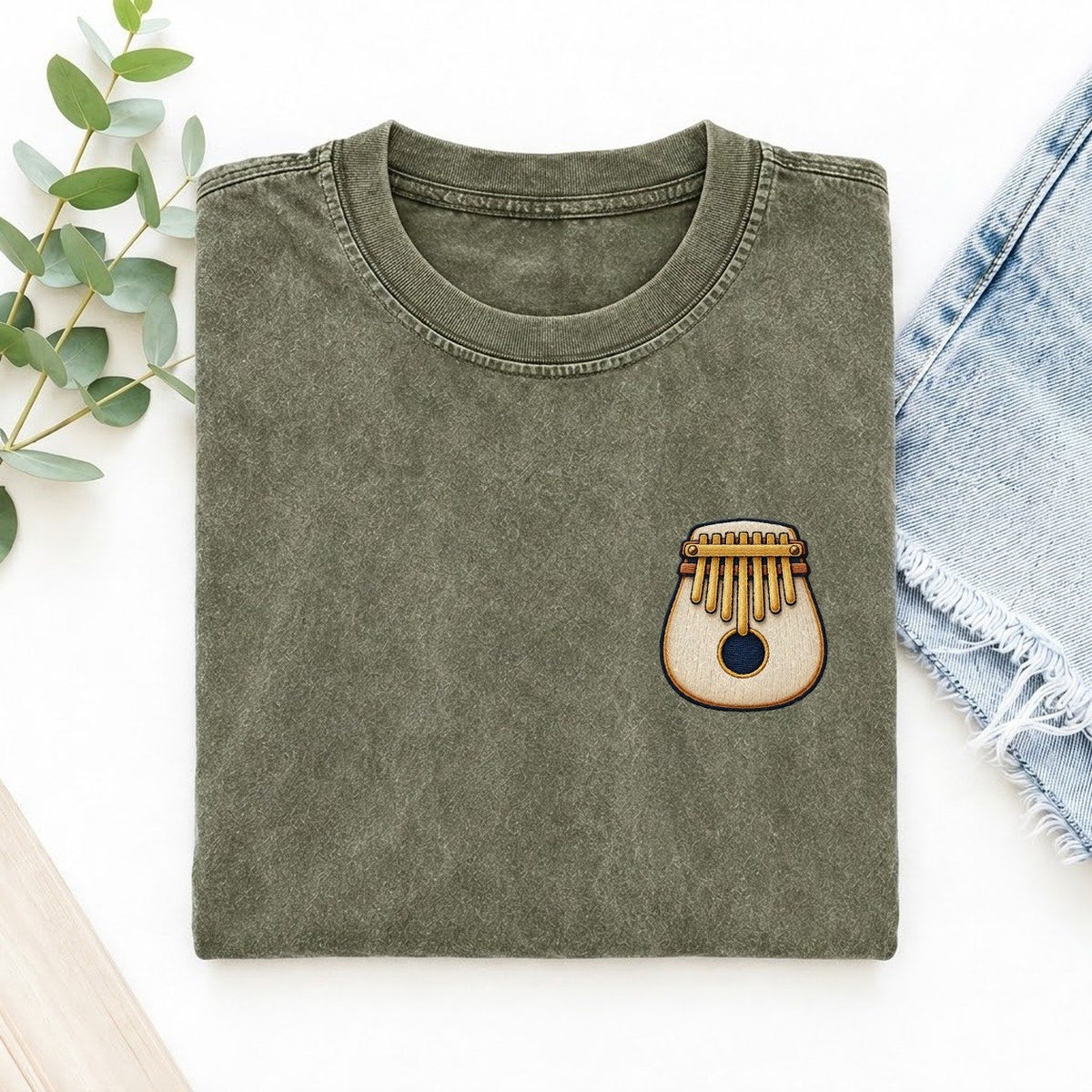 Kalimba Thumb Keys Left Chest Vintage T-shirt – Army Green