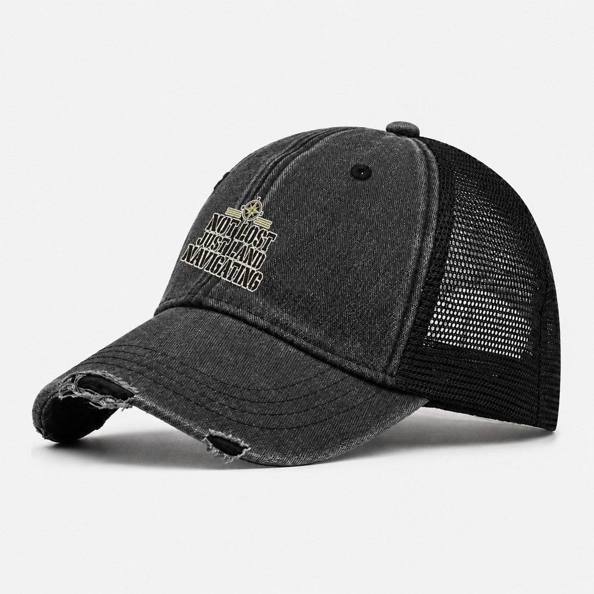 Not Lost Just Land Navigating Barracks Wit Washed Trucker Hat – Black