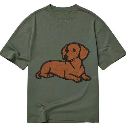 Dachshund Red Smooth Relaxed Lying Down With Head Up Embroid Classic T-shirt – Army Green