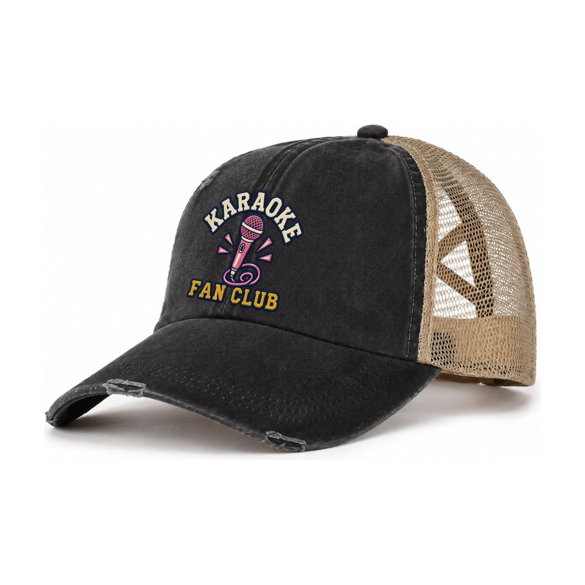 Karaoke Fan Club Women's Ponytail Trucker Hat – Washed Black Khaki