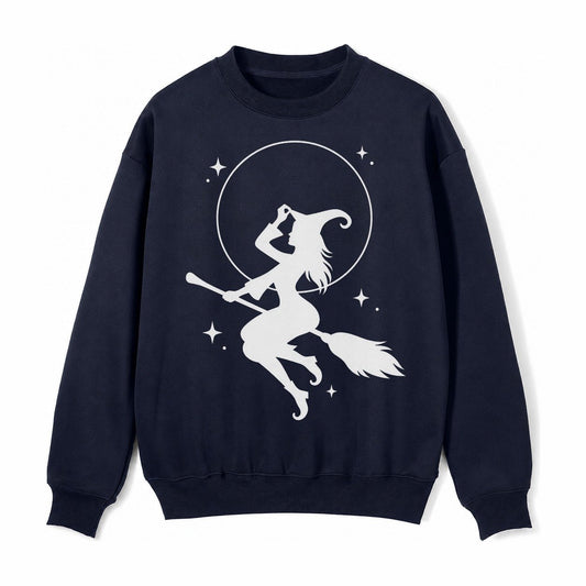 Witch On Broom Fleece Sweatshirt – Navy Blue