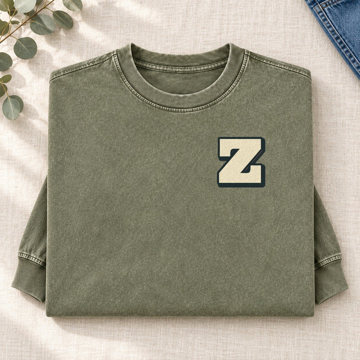 Initial Z Left Chest Washed Long Sleeve T-Shirt – Army Green