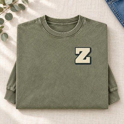 Initial Z Left Chest Washed Long Sleeve T-Shirt – Army Green
