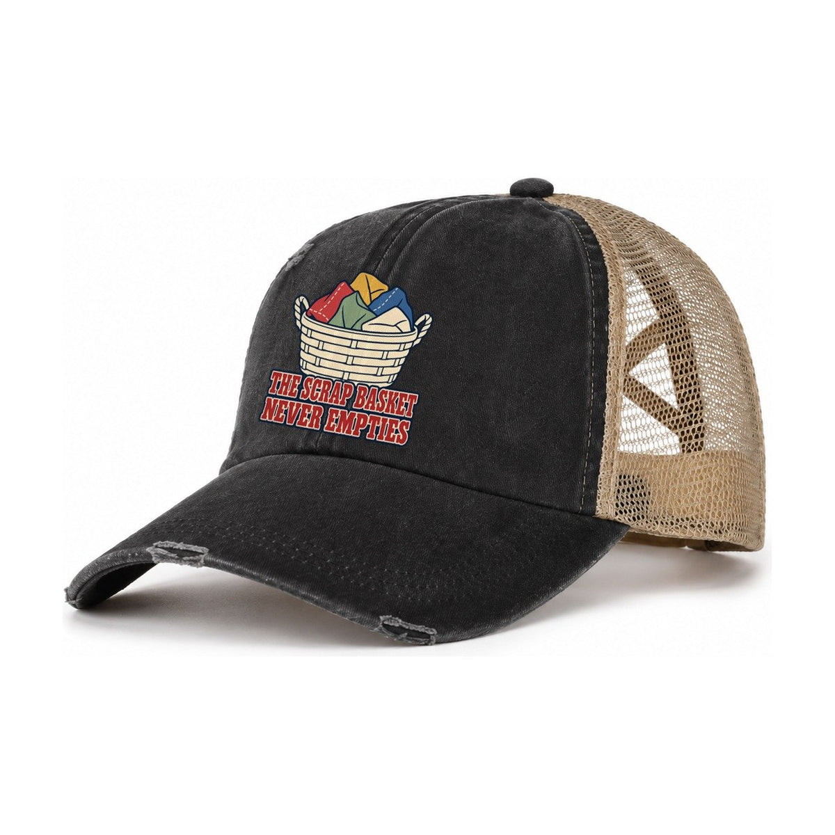 The Scrap Basket Sewing And Quilting Women's Ponytail Trucker Hat – Washed Black Khaki