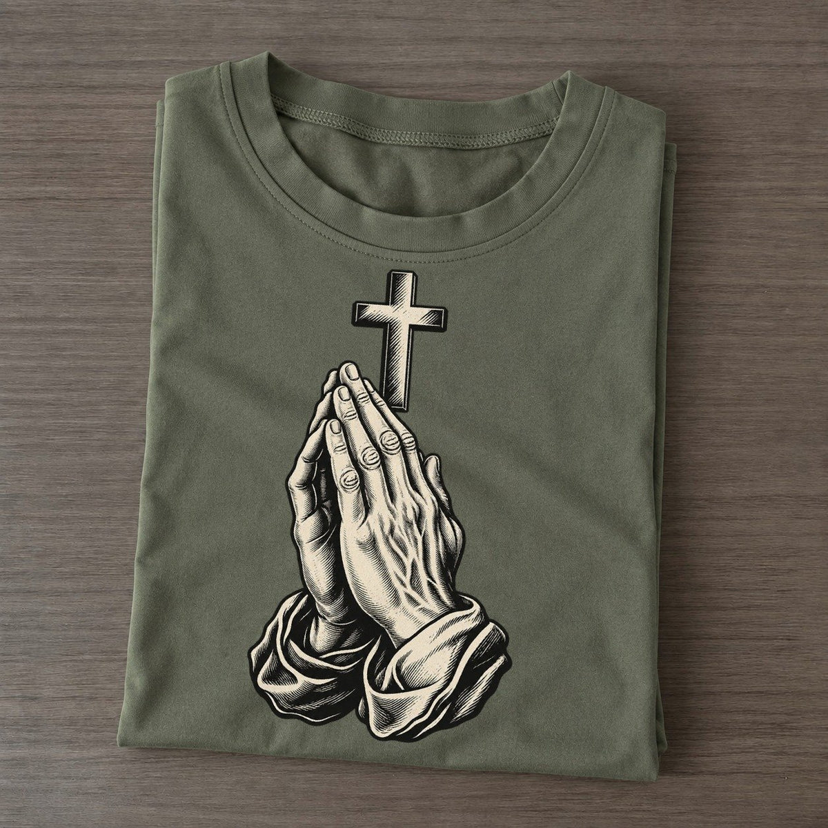 Christian Prayer Hands And Cross World Faiths Ink Figures Classic T-shirt – Army Green