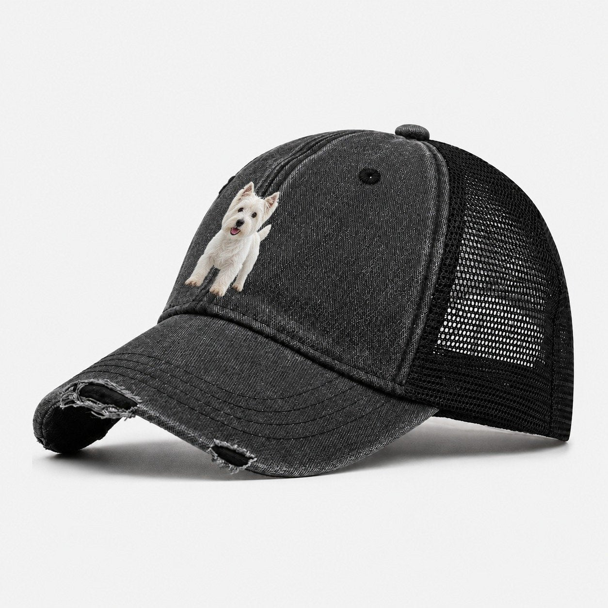 West Highland White Terrier Westie Standing Top Breeds Washed Trucker Hat – Black
