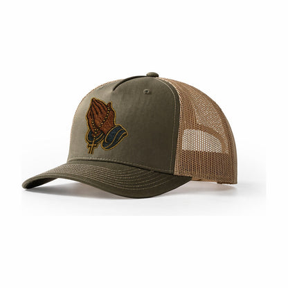 Praying Hands Clasped Hands In Prayer Position With Rosary B Trucker Hat – Olive-Khaki