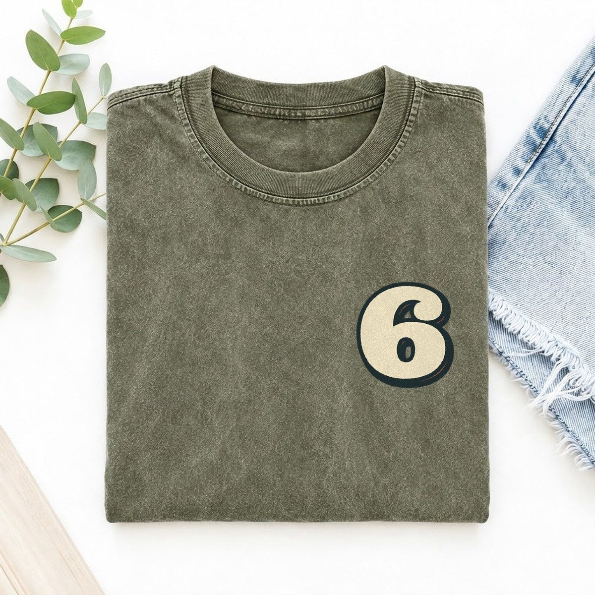 Number 6 Left Chest Vintage T-shirt – Army Green