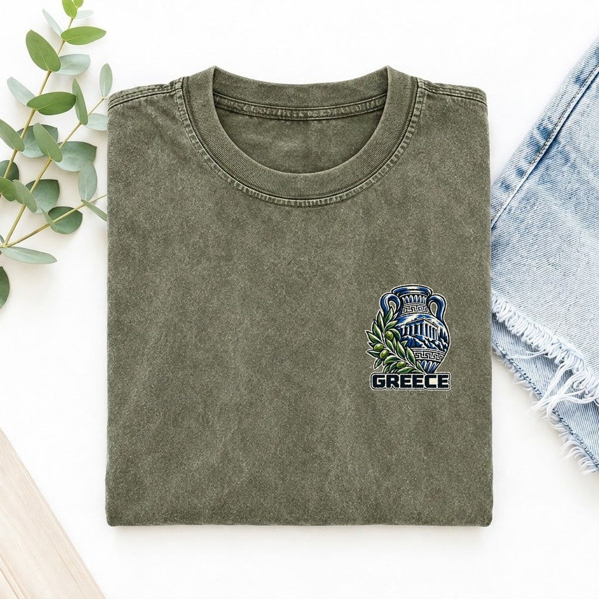 Greece Country Pride Left Chest Vintage T-shirt – Army Green