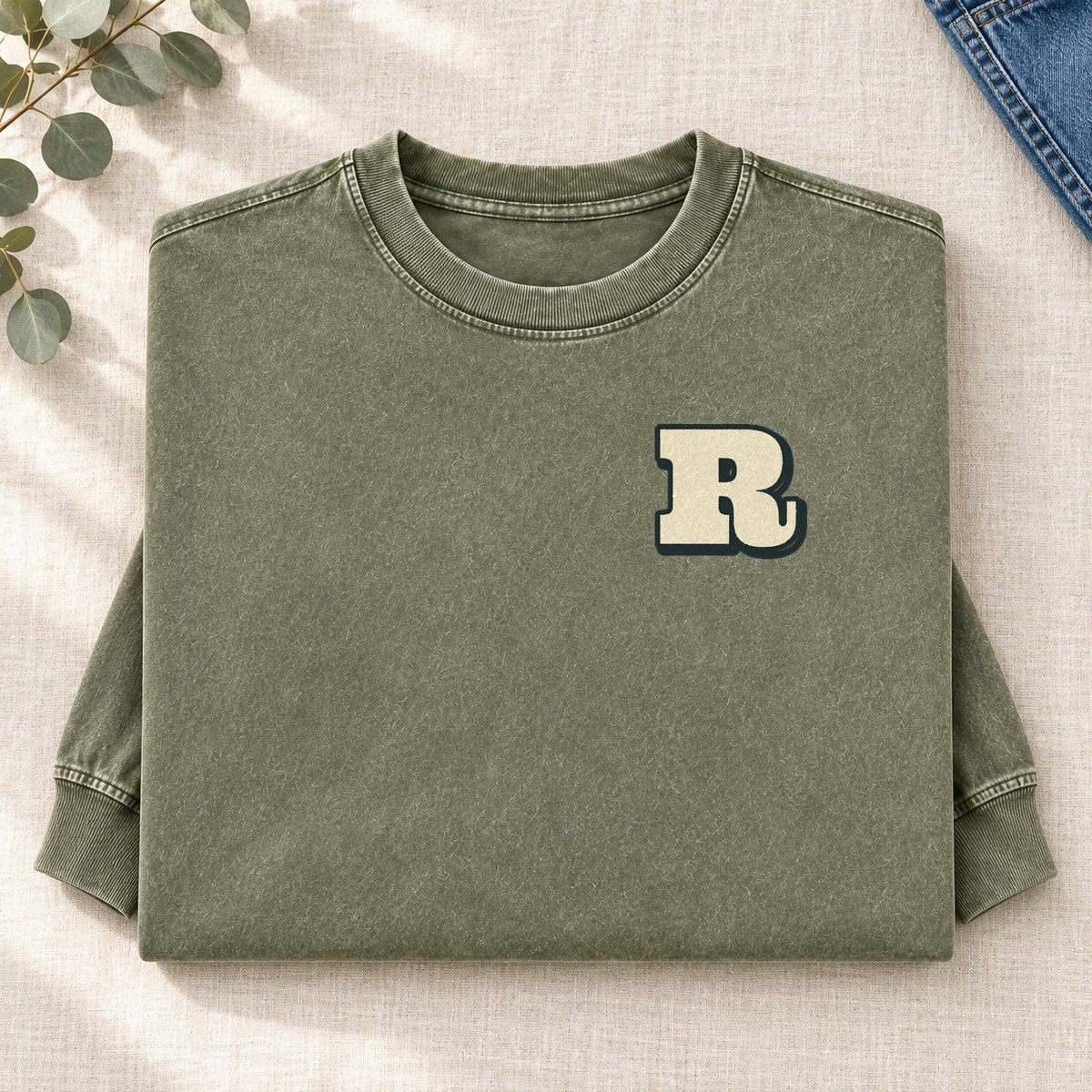 Initial R Left Chest Washed Long Sleeve T-Shirt – Army Green