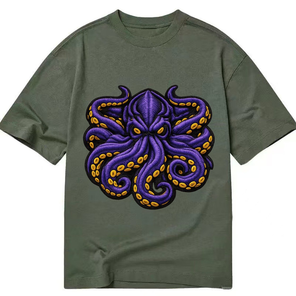 Embroidered Patch Design Kraken Tentacles Sea Monster In Pur Classic T-shirt – Army Green
