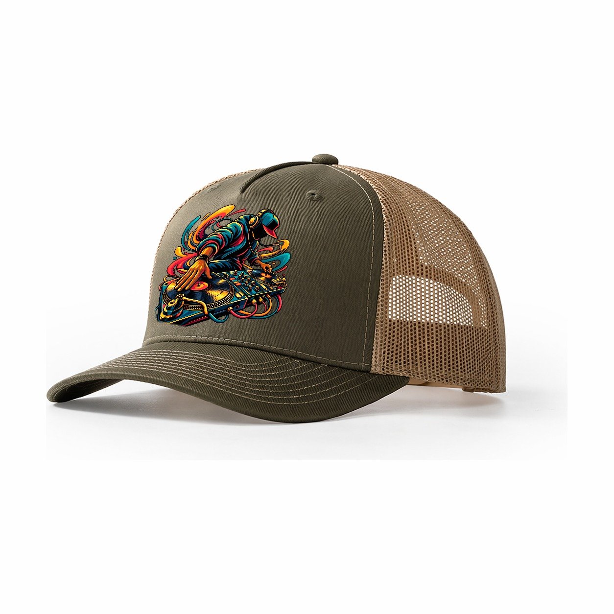 Turntables Icon Music Instruments Trucker Hat – Olive Khaki