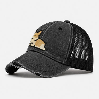 Corgi Sploot Lying Position Washed Trucker Hat – Black