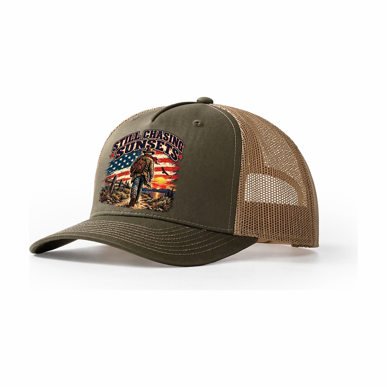 Still Chasing Sunsets Old Man Strong Trucker Hat – Olive Khaki