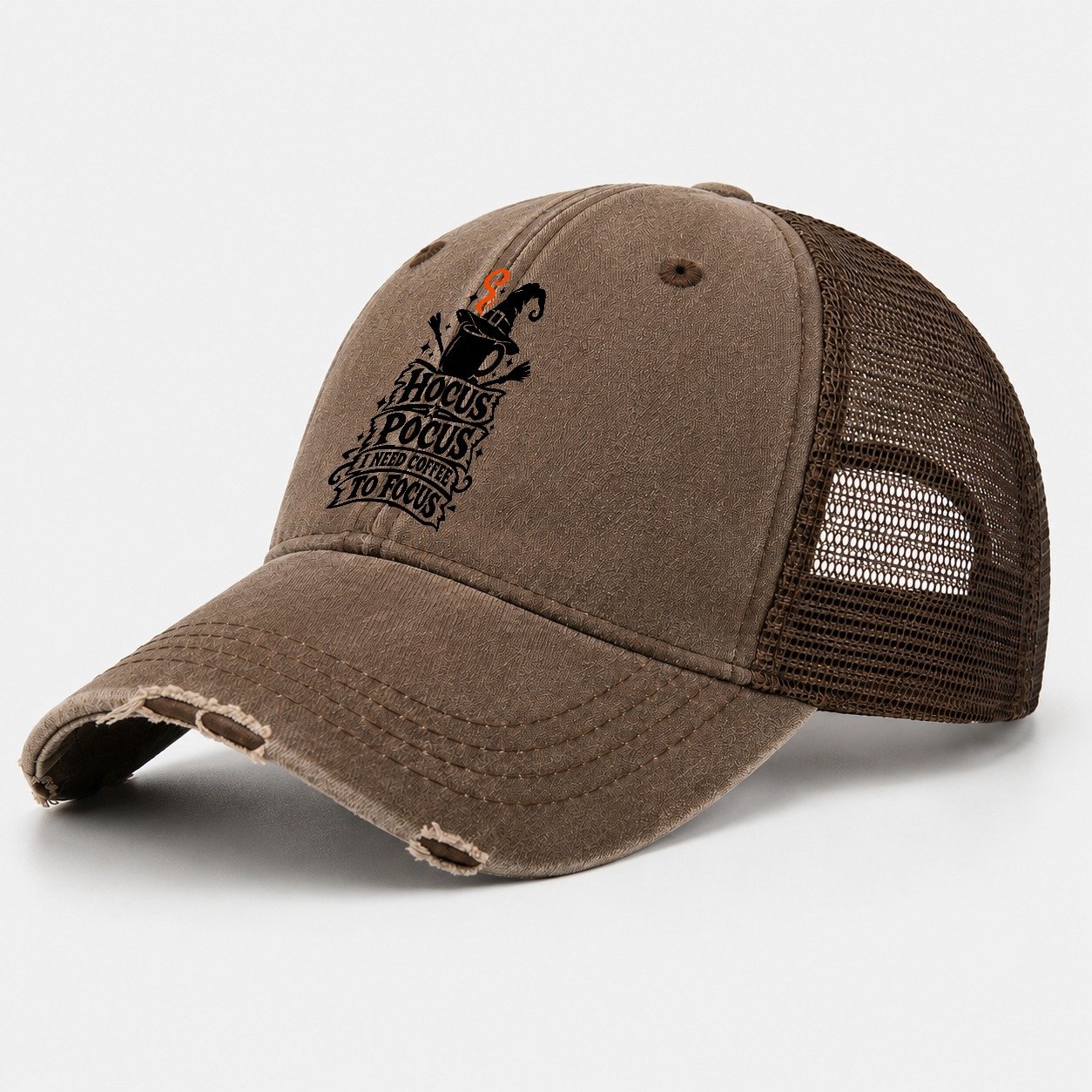 Hocus Pocus I Need Coffee To Focus Slogan Witch Magic Washed Trucker Hat – Coffee