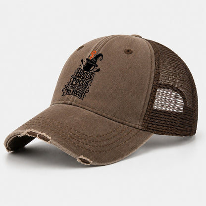 Hocus Pocus I Need Coffee To Focus Slogan Witch Magic Washed Trucker Hat – Coffee