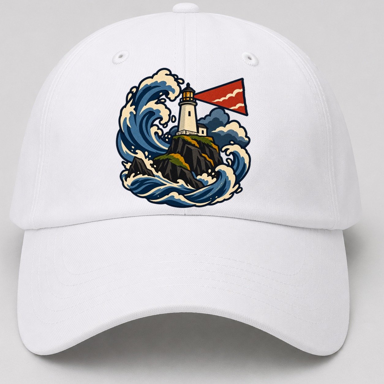 Hebridean Lighthouse And Storm Wave Uk Culture Heritage Baseball Cap – White