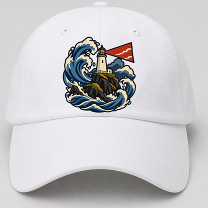 Hebridean Lighthouse And Storm Wave Uk Culture Heritage Baseball Cap – White