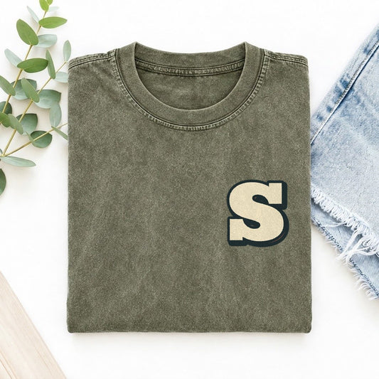 Initial S Left Chest Vintage T-shirt – Army Green