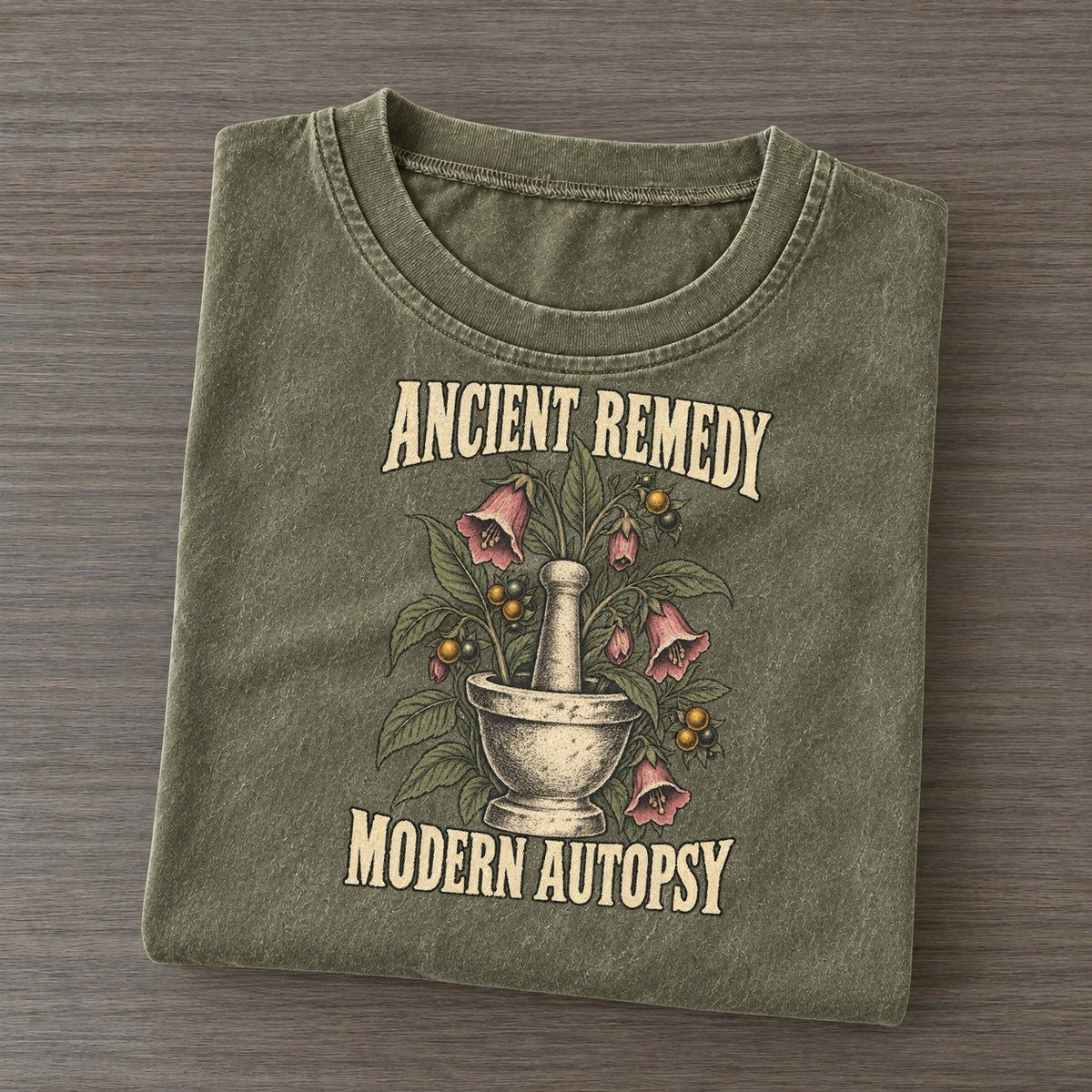 Modern Autopsy Botanical Warnings Vintage T-shirt – Army Green