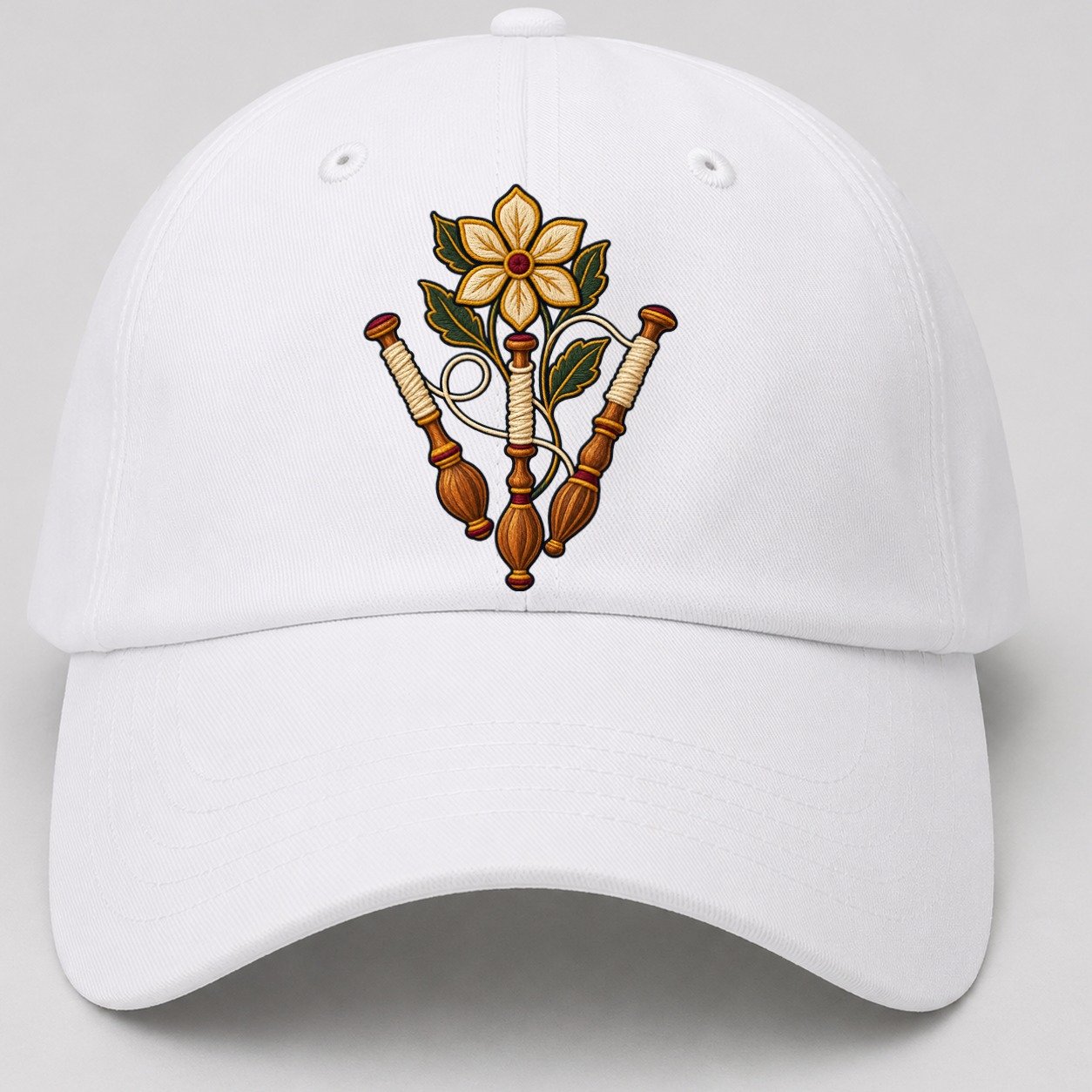 Three Lace Bobbins And Six Petal Linen Bloom Uk Culture Heritage Baseball Cap – White