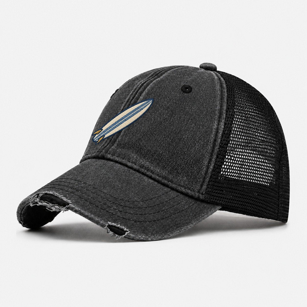 Surfboard Tiny Solo Marks Washed Trucker Hat – Black