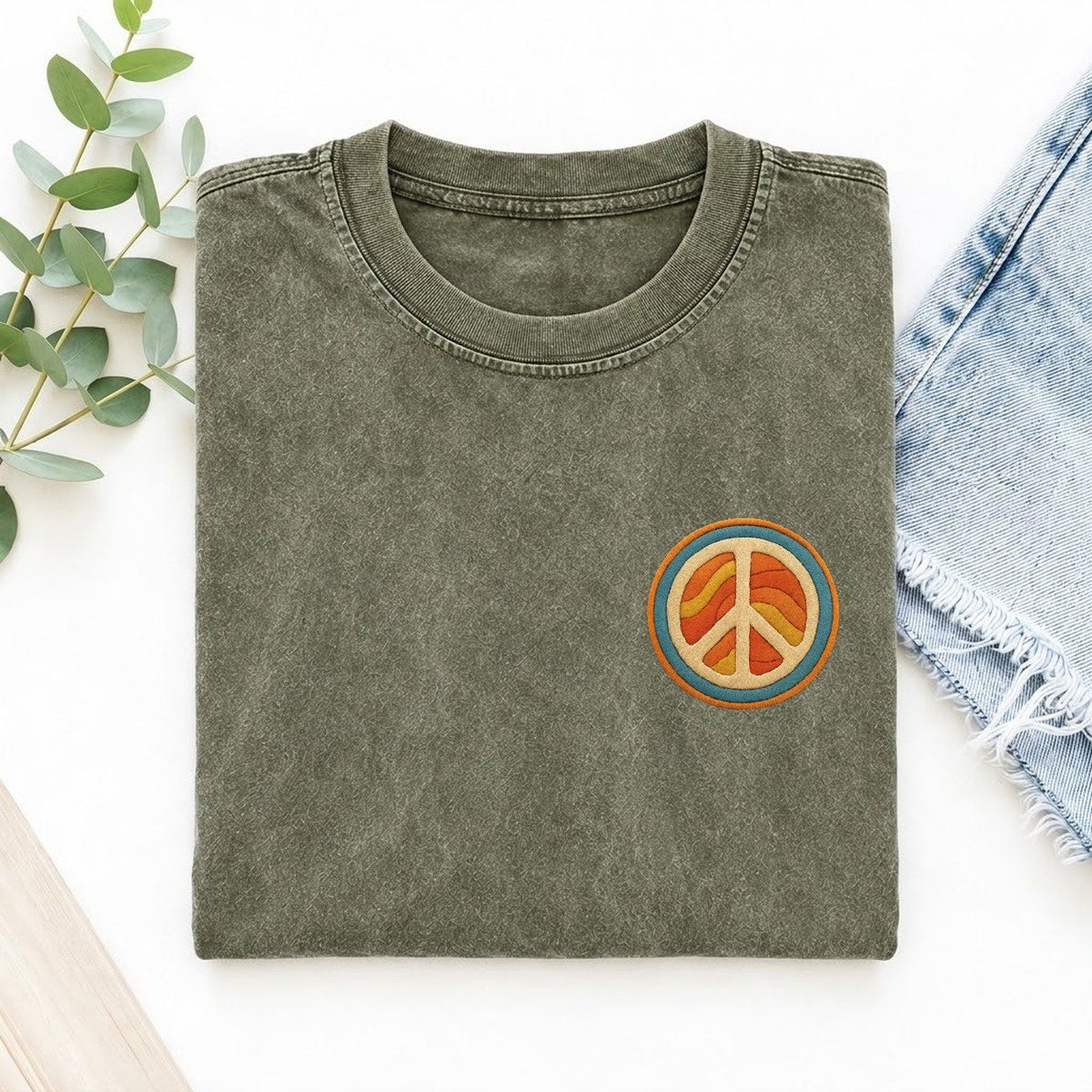 Retro Peace and Harmony Left Chest Vintage T-shirt – Army Green