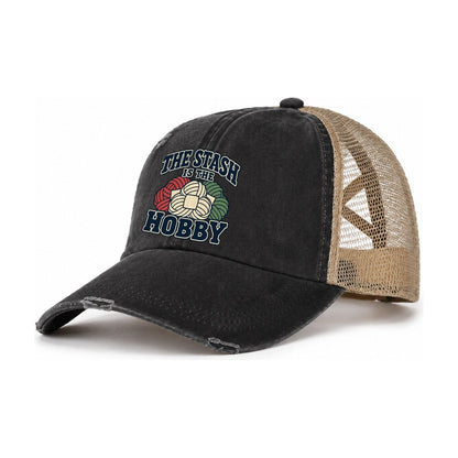 The Stash Is The Hobby Yarn Crafts Women's Ponytail Trucker Hat – Washed Black Khaki