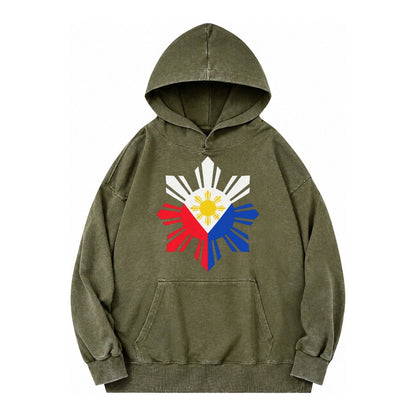 Philippines Iconic Sun And Stars Vintage Washed Hoodie – Army Green