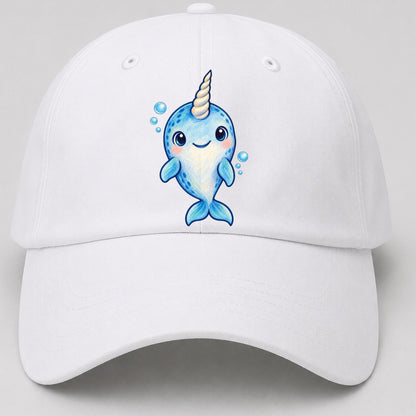 Narwhal Front Tusk Hello Sea Sprite Baseball Cap – White