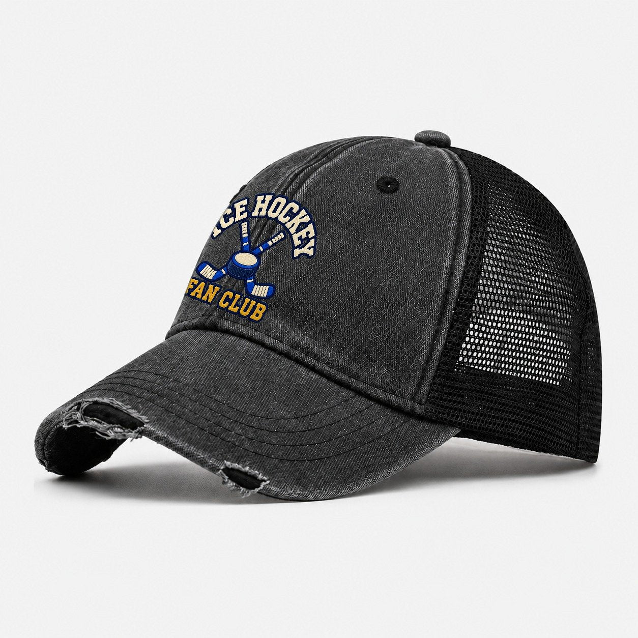Ice Hockey Fan Club Washed Trucker Hat – Black