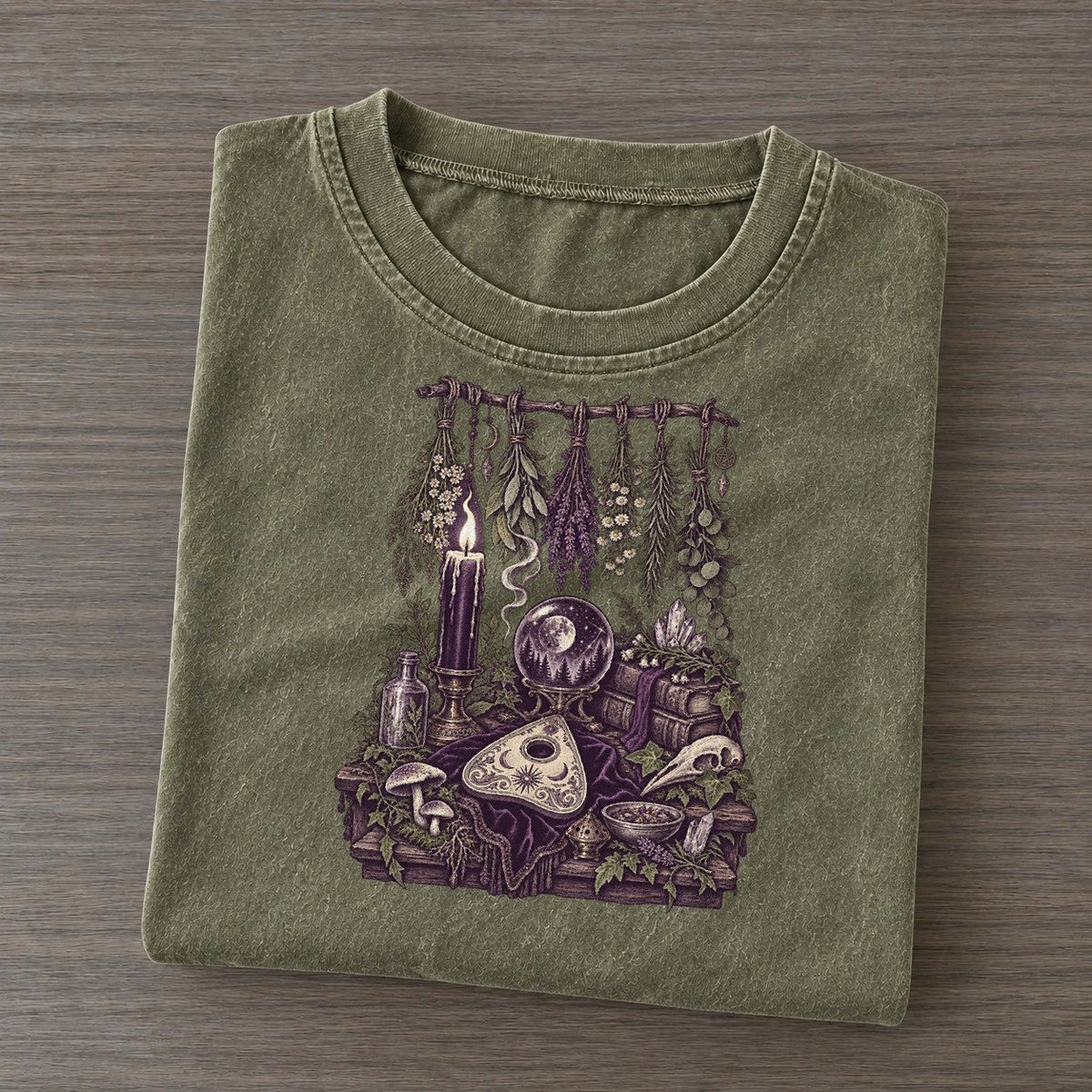 Ouija Planchette Table Midnight Haunt Vintage T-shirt – Army Green