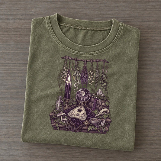 Ouija Planchette Table Midnight Haunt Vintage T-shirt – Army Green