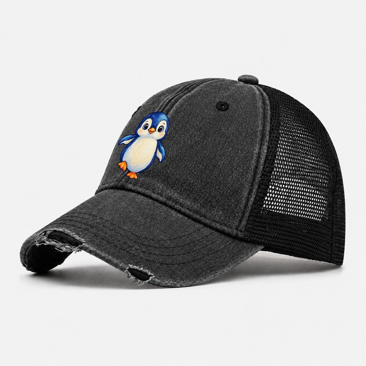 Penguin Front Waddle Sea Sprite Washed Trucker Hat – Black