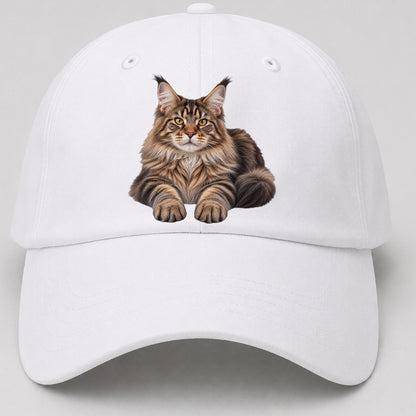 Maine Coon Reclining Paws Forward Realistic Cat Portrait Baseball Cap – White