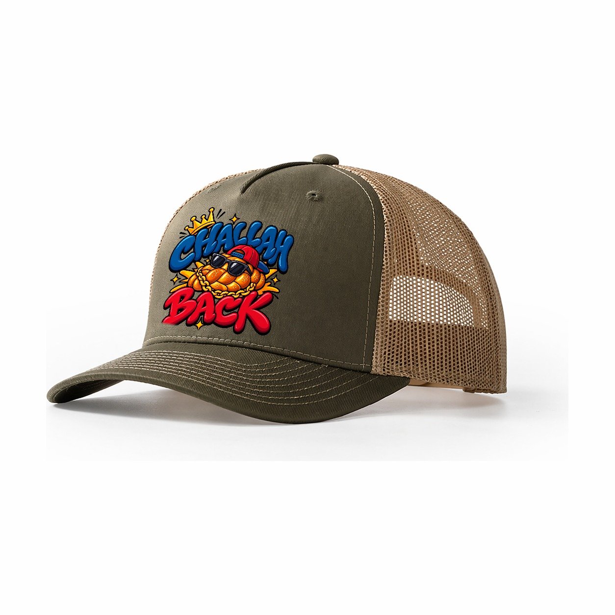 Challah Back Retro Judaism Heritage Trucker Hat – Olive Khaki