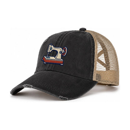 Sewing Machine Tiny Solo Marks Women's Ponytail Trucker Hat – Washed Black Khaki
