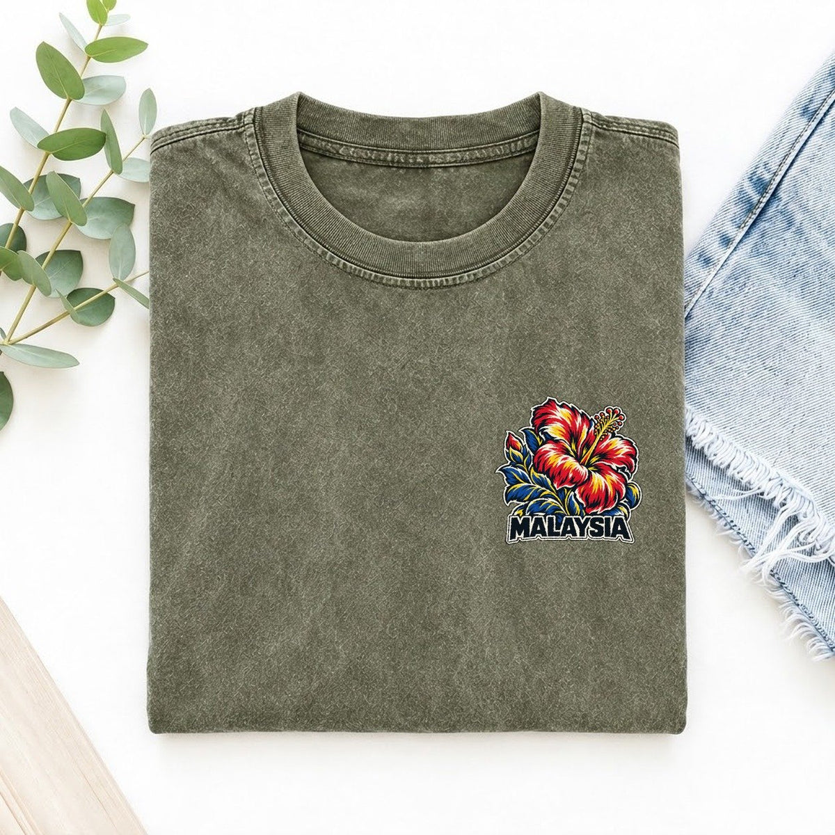 Malaysia Country Pride Left Chest Vintage T-shirt – Army Green