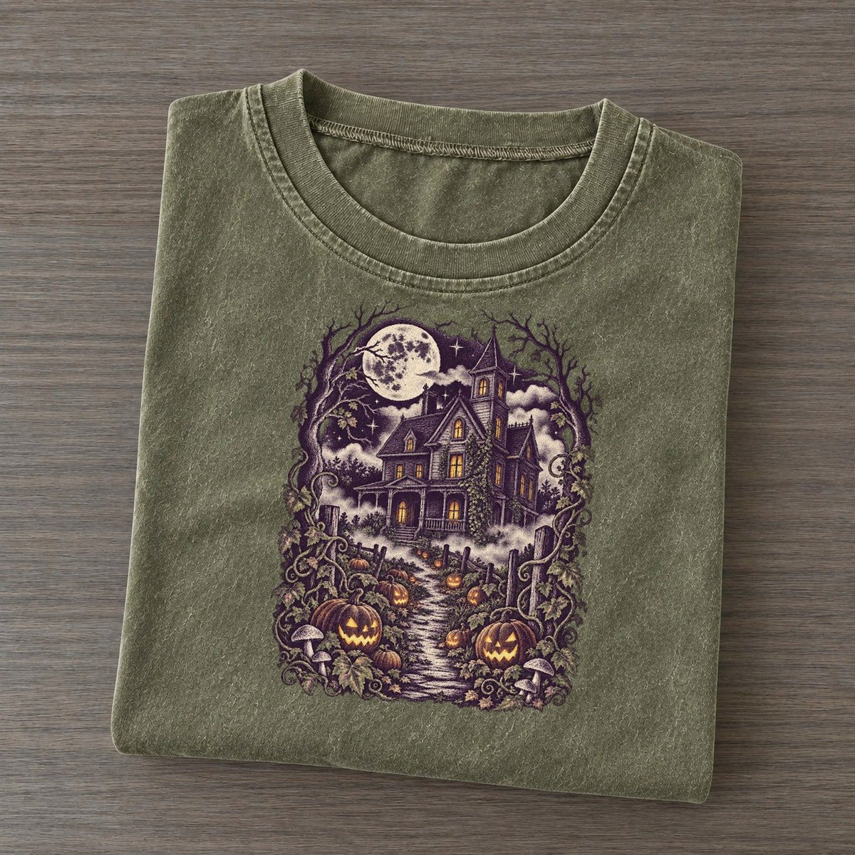 Pumpkin Patch Farmhouse Midnight Haunt Vintage T-shirt – Army Green