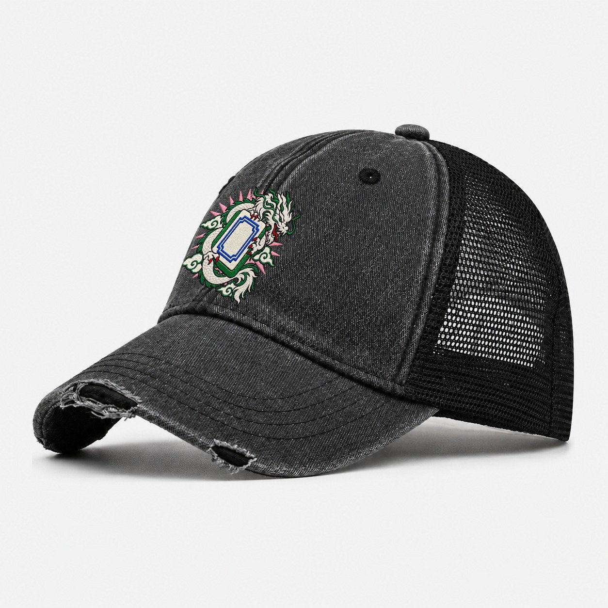 White Dragon Mahjong Game Night Washed Trucker Hat – Black