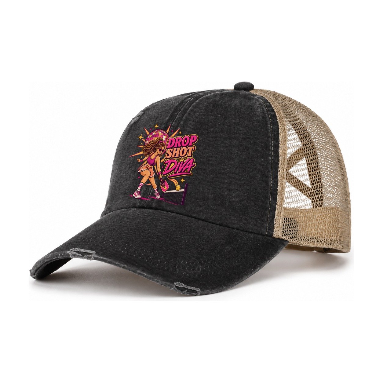Drop Shot Diva Pickleball Life Women's Ponytail Trucker Hat – Washed Black Khaki