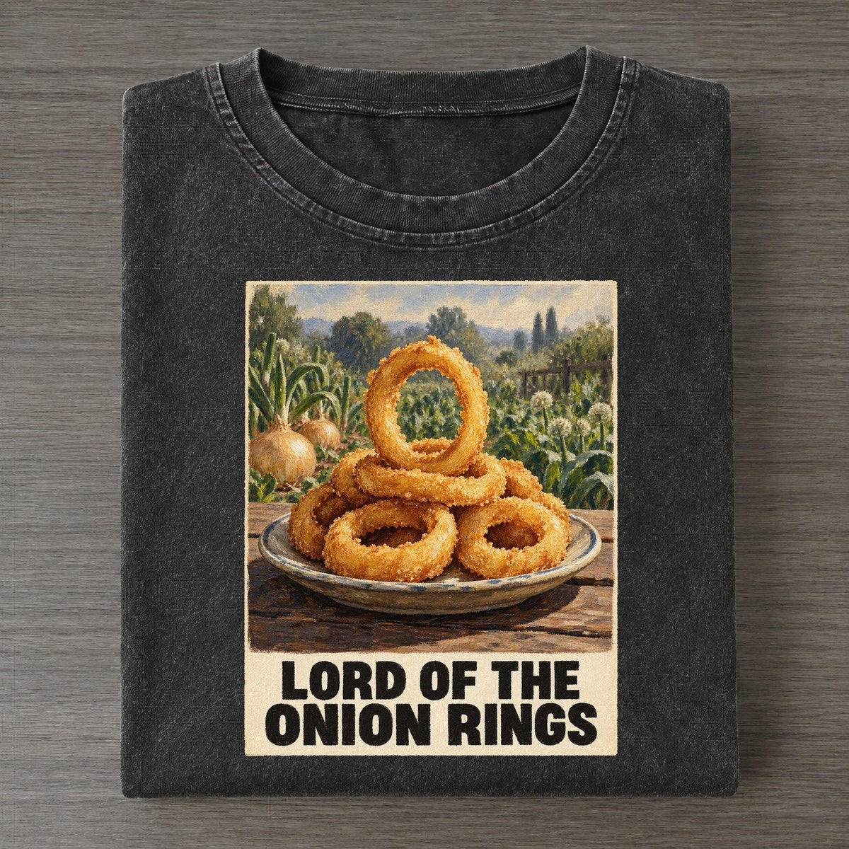 Lord Of The Onion Rings Painted Pop Culture Pun Vintage T-shirt – Black