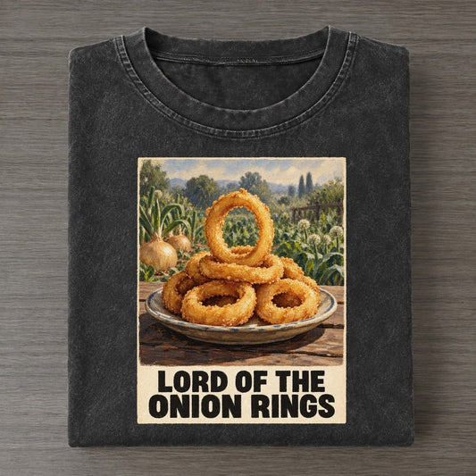 Lord Of The Onion Rings Painted Pop Culture Pun Vintage T-shirt – Black