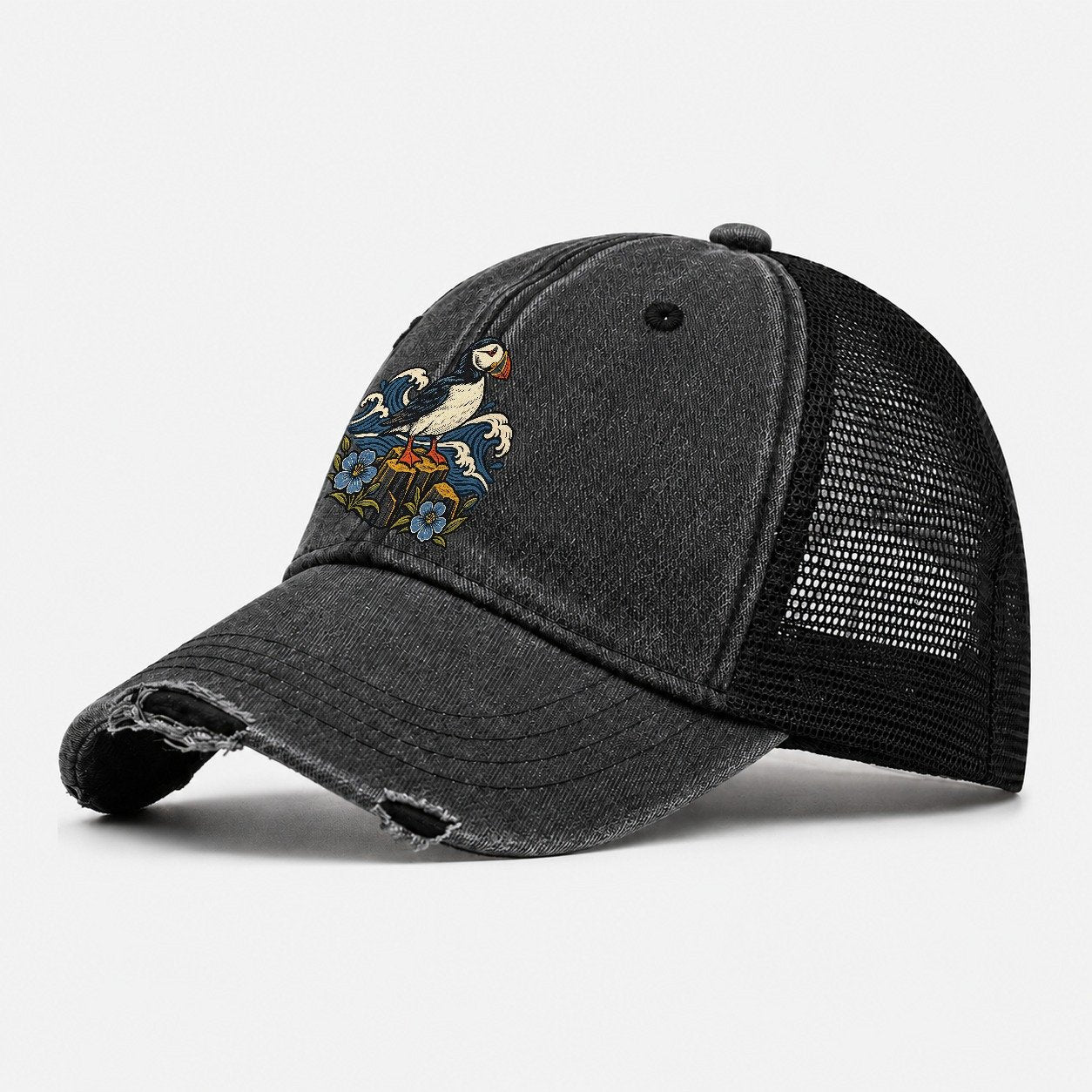 Causeway Coast Puffin And Flax Flowers Uk Culture Heritage Washed Trucker Hat – Black
