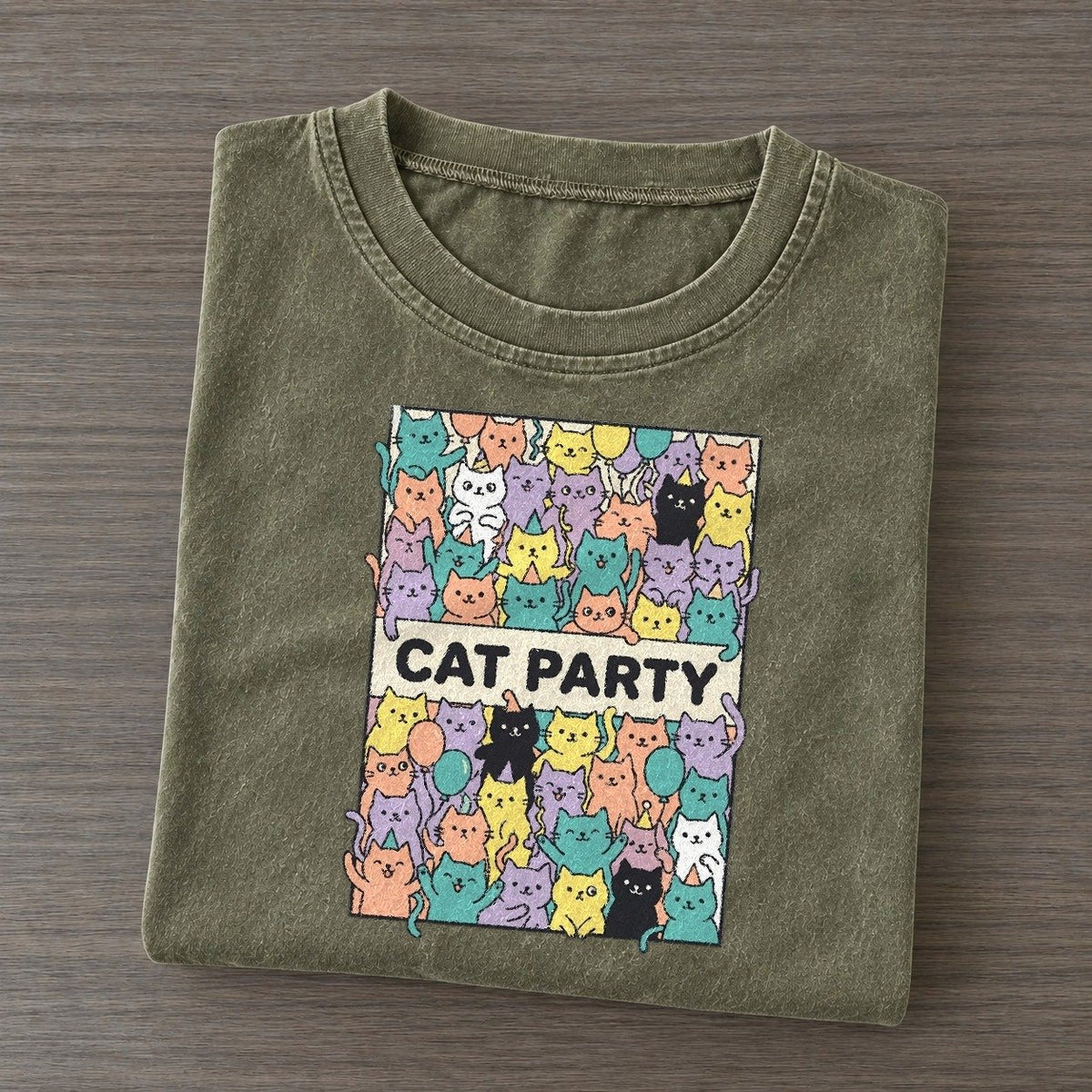 Cat Party Overcatted Vintage T-shirt – Army Green