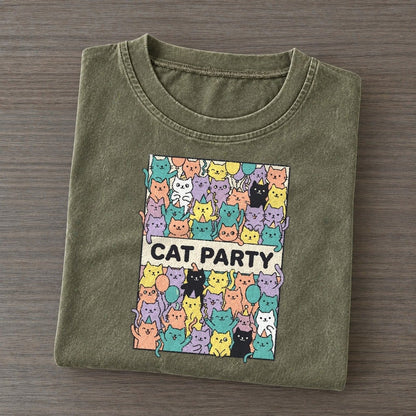 Cat Party Overcatted Vintage T-shirt – Army Green