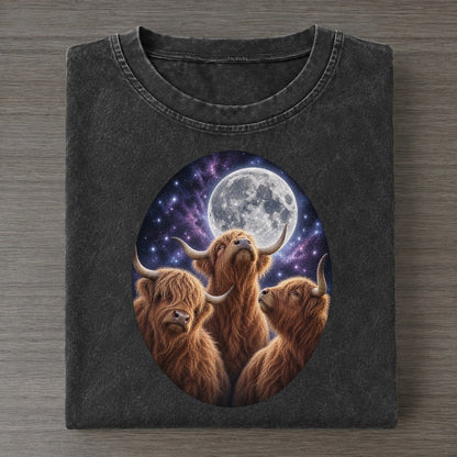 Highland Cows Under The Moon Moon Choir Vintage T-shirt – Black