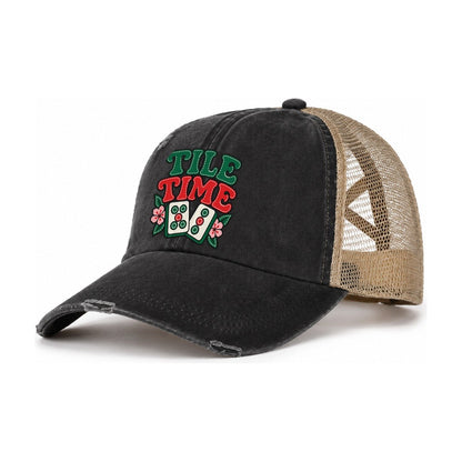 Tile Time Mahjong Game Night Women's Ponytail Trucker Hat – Washed Black Khaki