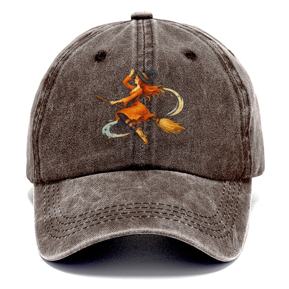 Reimagined Vintage Charm: Enchanting Witch On Broom Classic Cap – Brown