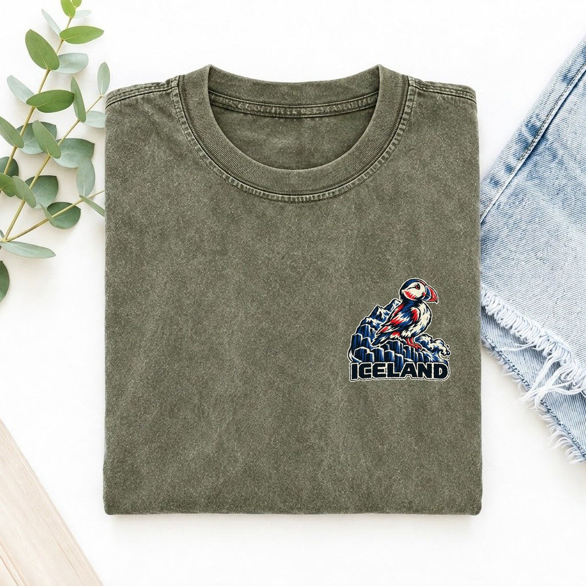 Iceland Country Pride Left Chest Vintage T-shirt – Army Green